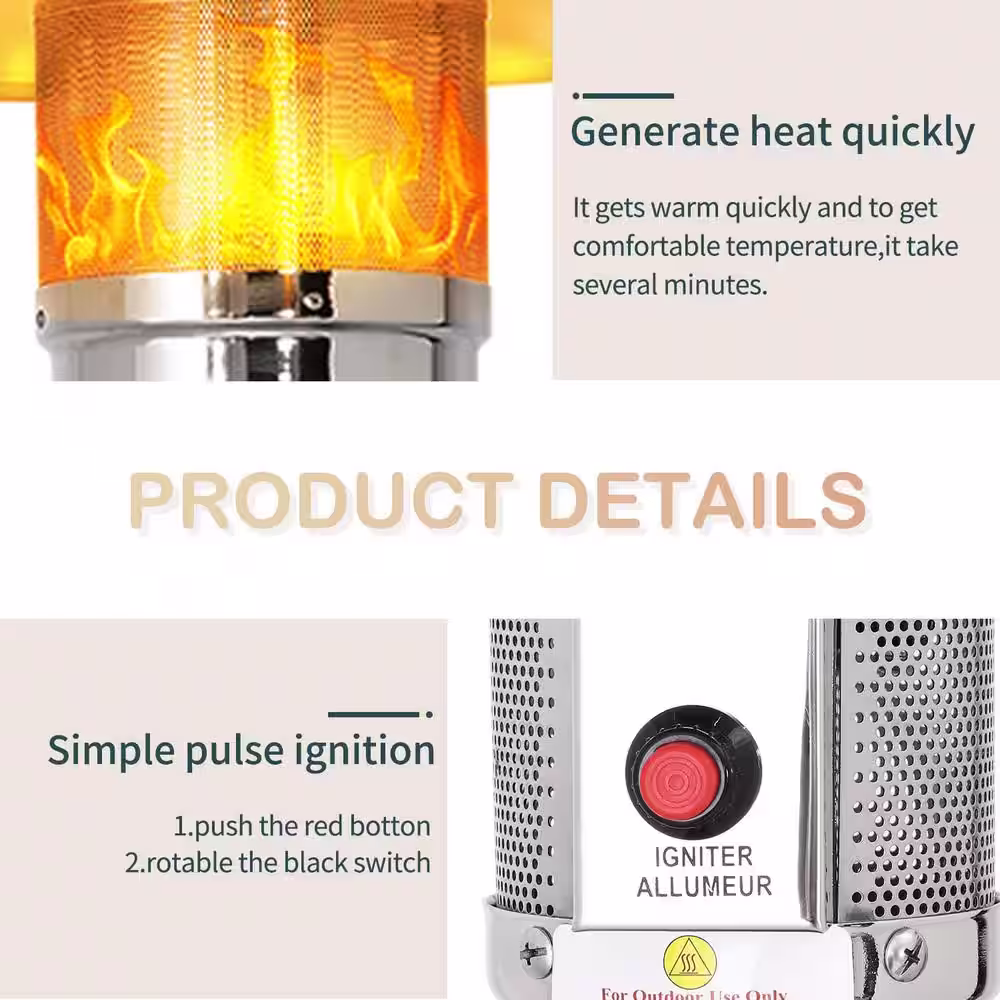 None 48,000 BTU Stainless Steel Black Propane Patio Heater with Wheels