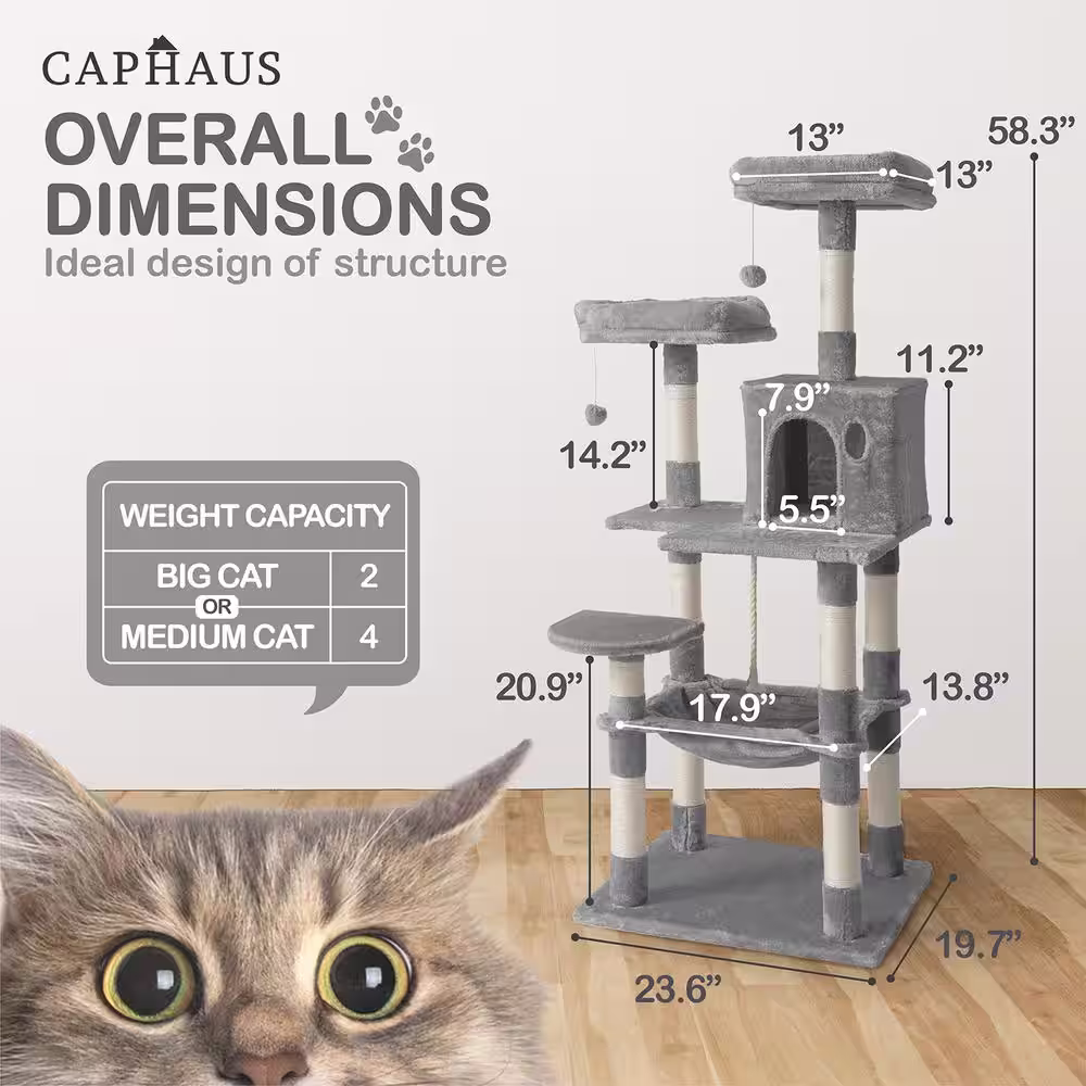 BOWHAUS 58 in. Light Grey Cat Tower for Indoor Cats, Multi-Level Cat Activity Tree with Scratching Posts, Basket, Cave Condo