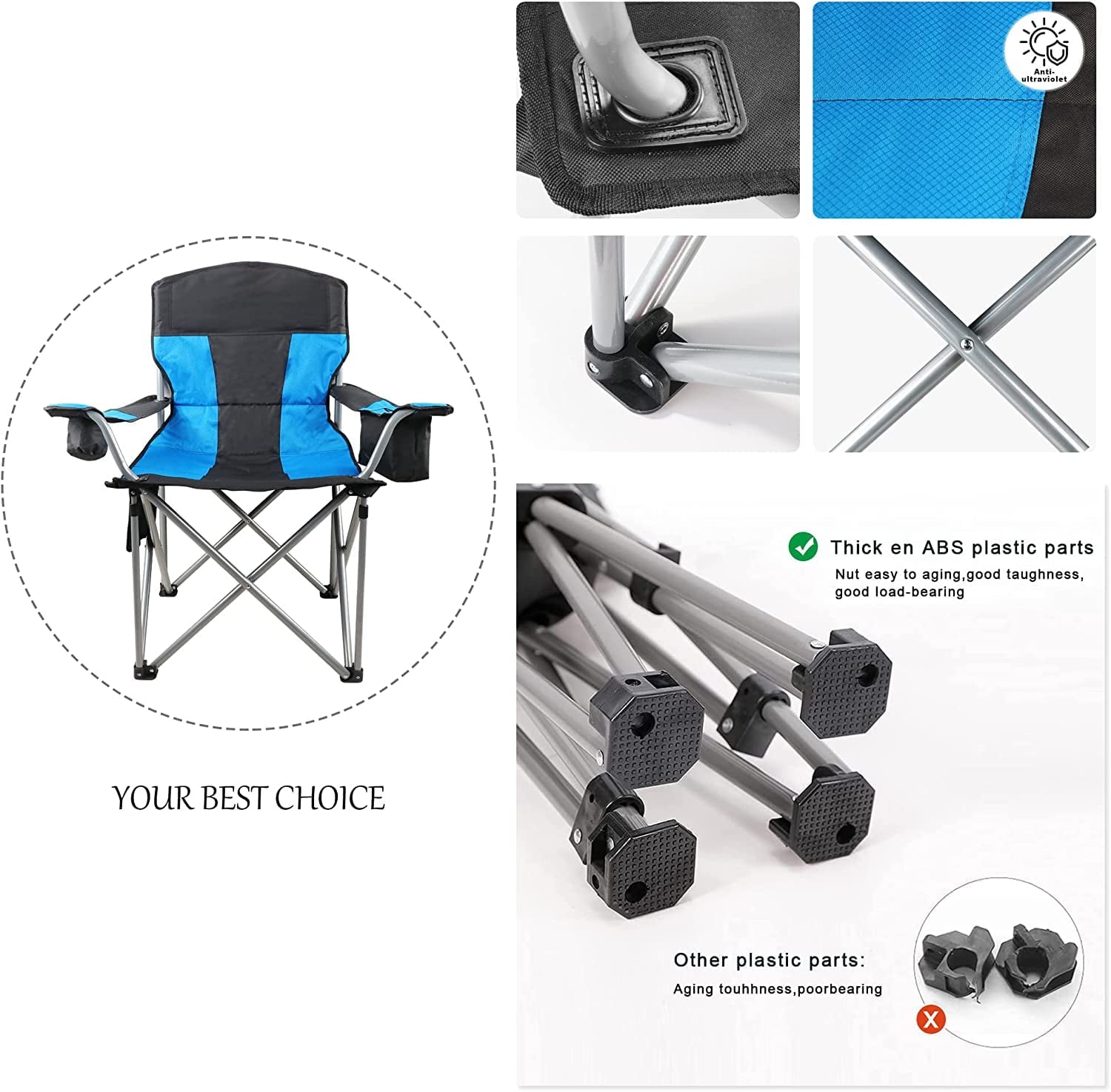 Beach Chair for Adults, Oversized Camping Chair 500lb, Folding Chair for Outside, Heavy Duty Portable Chair with Armrest, Cooler Bag, Side Pocket, Cup Holder, Outdoor Folding Camping Chair