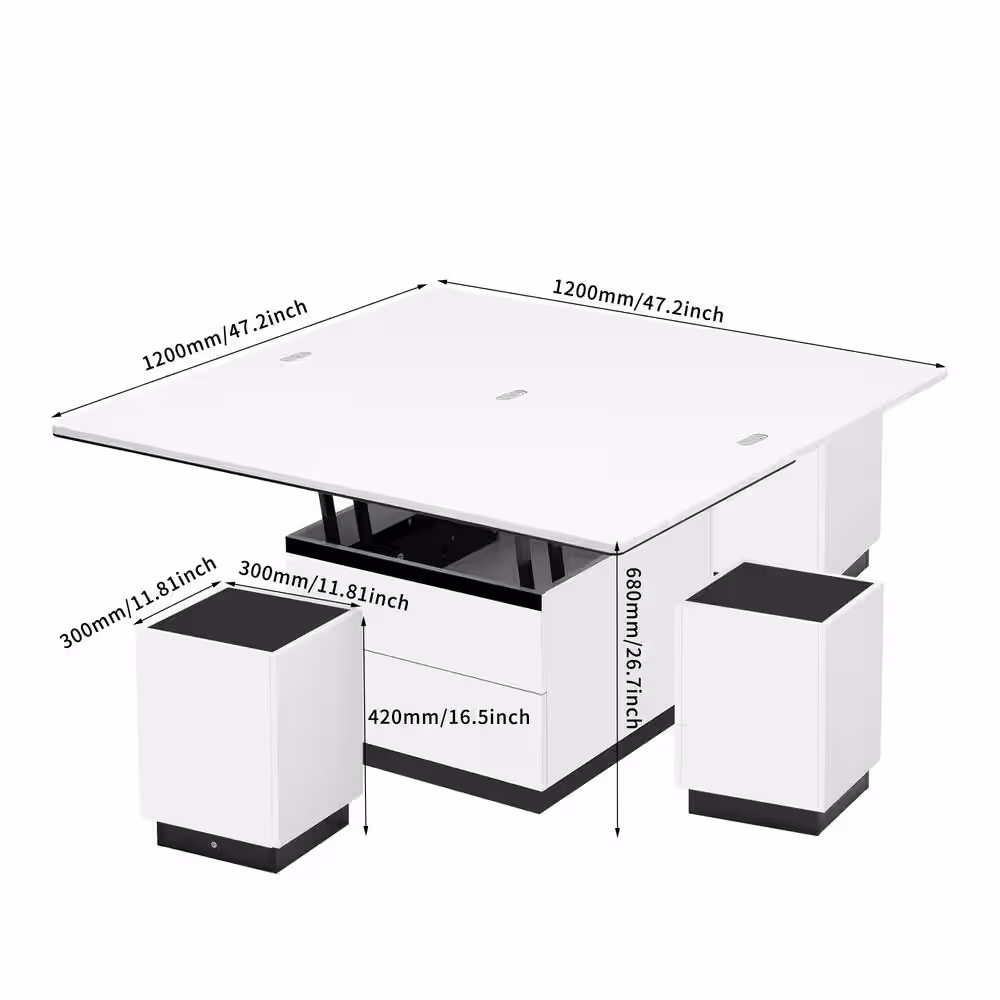 Harper & Bright Designs Modern 47.2 in. Black and White Rectangle Tempered Glass Lift Top Coffee Table with Drawers and Cabinets