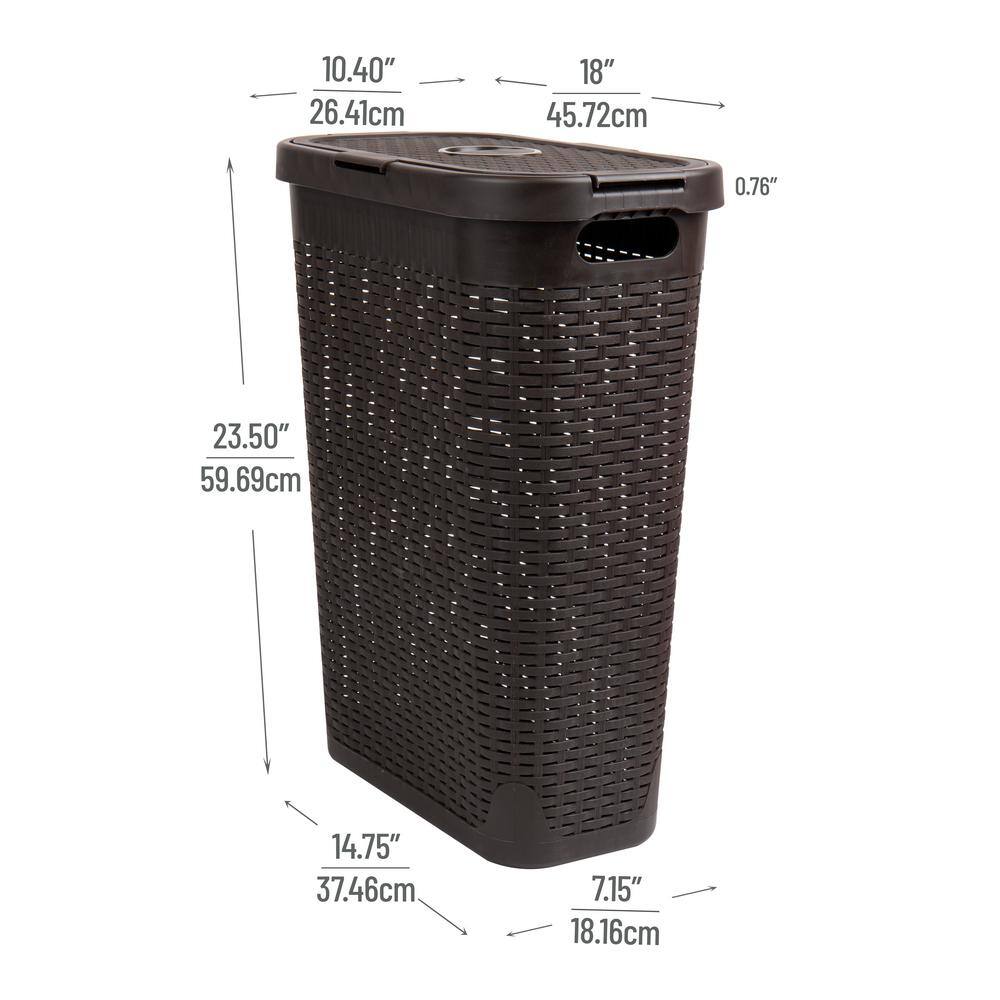 Mind Reader Basket Collection, Slim Laundry Hamper, 40 Liter (15kg/33lbs) Capacity, Cut Out Handles, Attached Hinged Lid, Brown