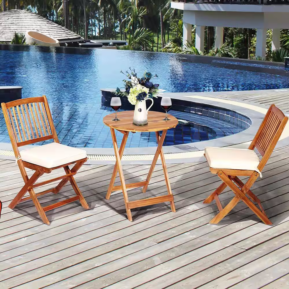 Costway Natural 3-Piece Wood Outdoor Dining Set with White Cushions
