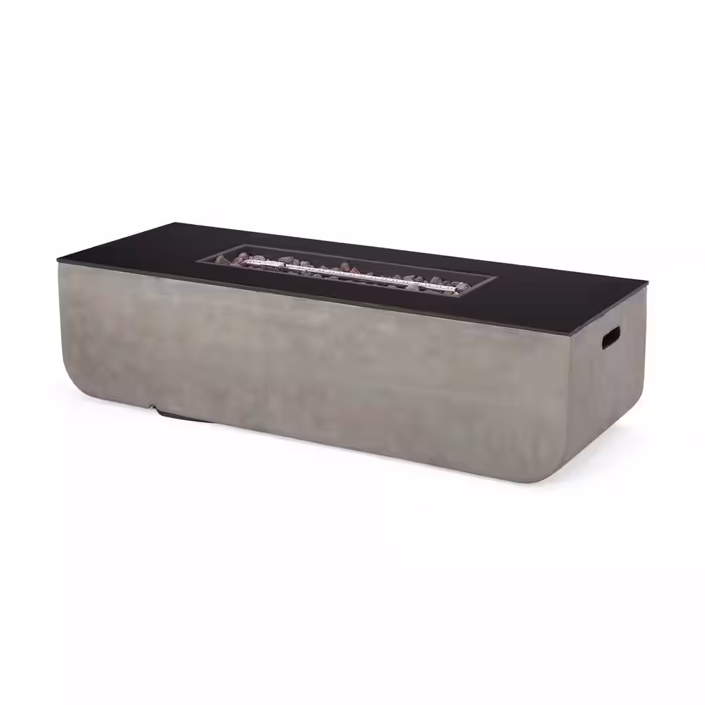 Noble House Delphine Light Grey and Grossy Black Rectangular Stone Fire Pit (No Tank Holder)