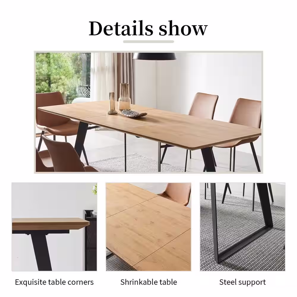 None 7-Piece Set of White Chairs and  Oak Rectangular Retractable Dining Table with Carbon Steel Legs and 6 Modern Chairs