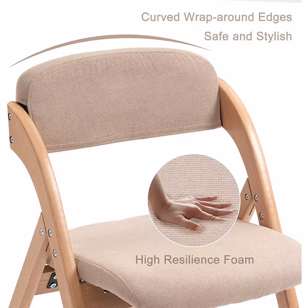 None Folding Wooden Stackable Dining Chairs with Khaki Padded Seats (Set of 2)