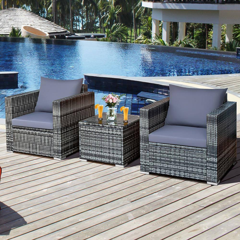Costway 3-Piece Patio Wicker Furniture Outdoor Bistro Set Cushioned Sofa Chair Glass Table Garden with Gray Cushions