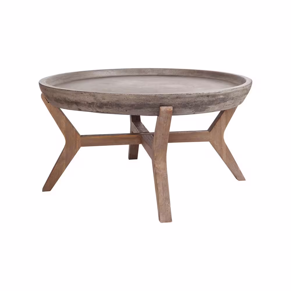 Titan Lighting Tonga 32 in. Waxed Concrete/Silver Brushed Woodtone Medium Round Stone Coffee Table