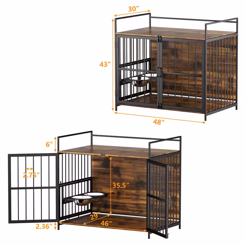 None Furniture Style Dog Crate with 2 Stainless Steel Bowls 48 in L x 30.3 in W x 43 in H Large