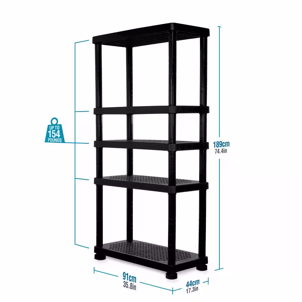 MQ Black 5-Tier Plastic Garage Storage Shelving Unit (36 in. W x 74 in. H x 17 in. D)