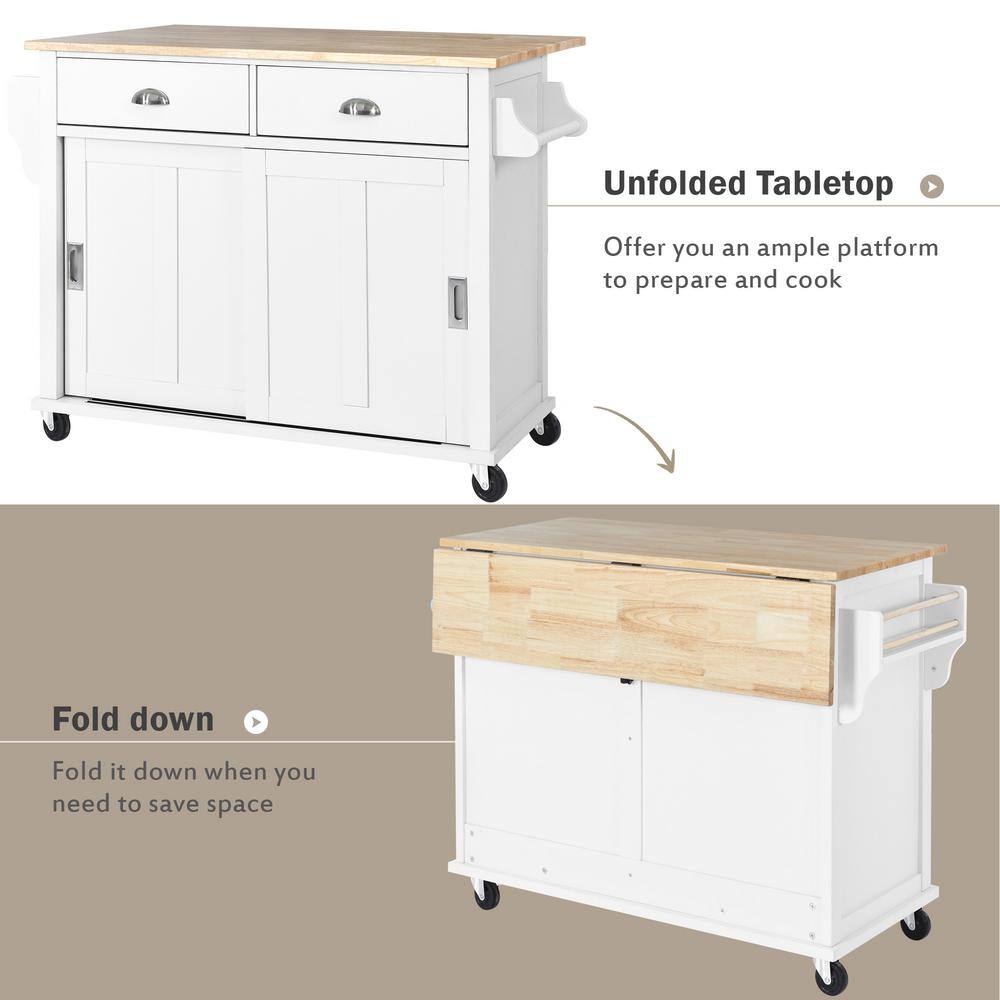 None White Wooden 52.2 in. Mobile Kitchen Island Cart with Solid Wood Drop Leaf Countertop, Sliding Barn Door and 2-Drawer