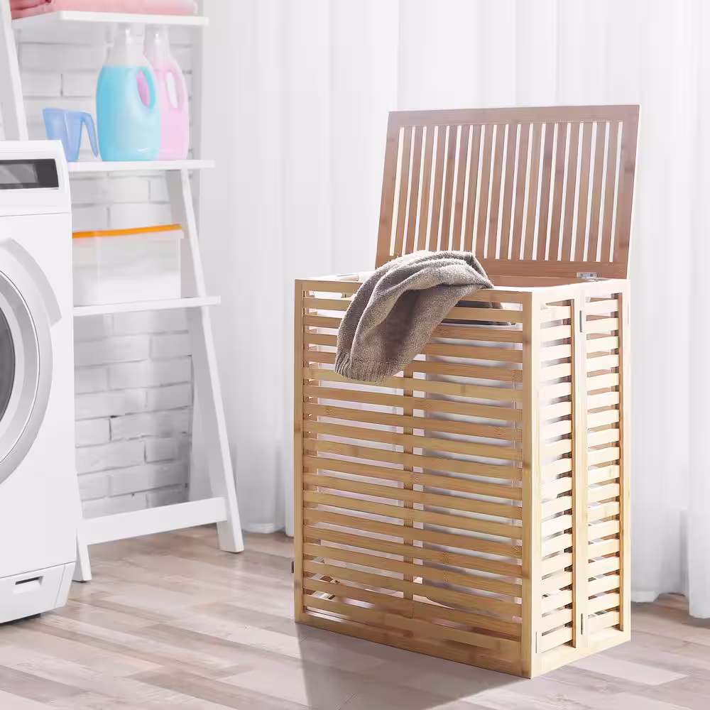 VEIKOUS Bamboo Laundry Hamper with Lid and 2 Removable Liner Bags