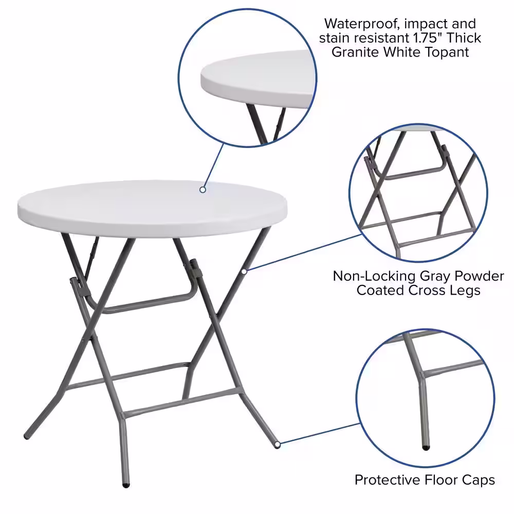 None 31.5 in. Granite White Plastic Tabletop Metal Frame Folding Table