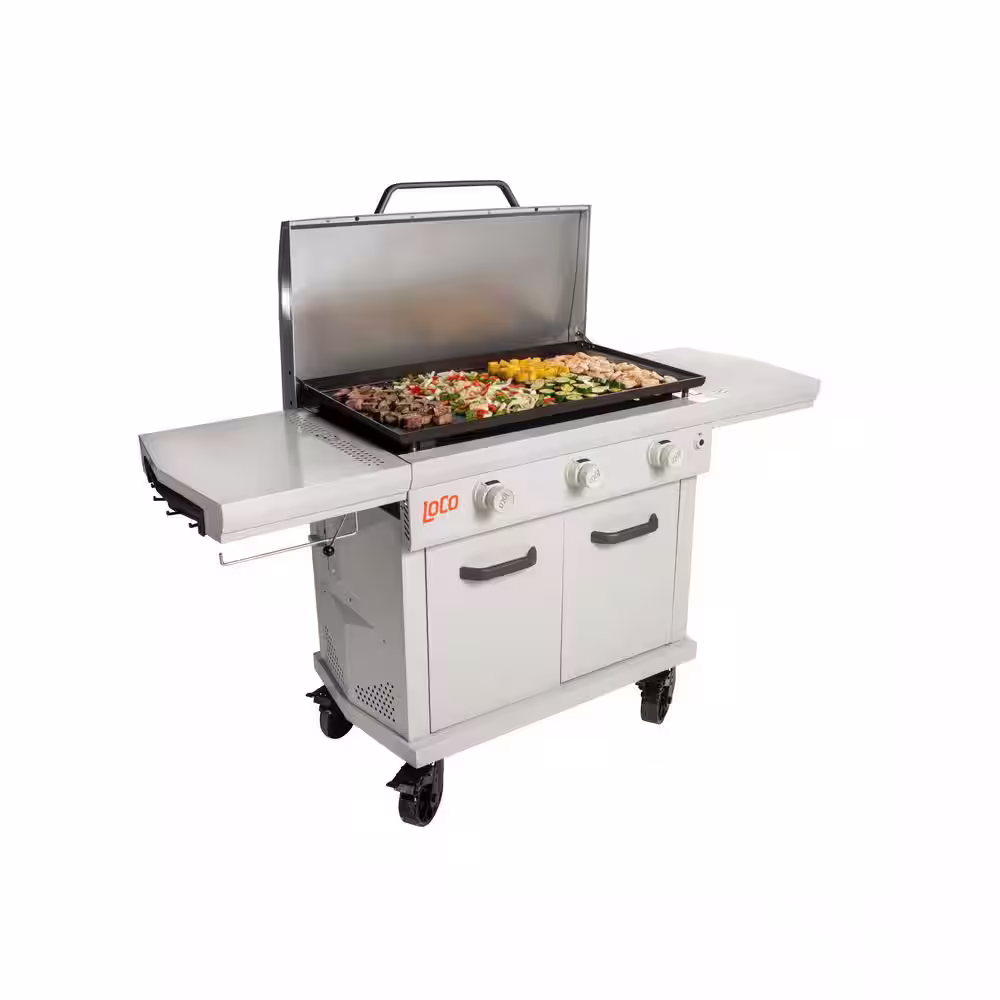 LOCO Series I 36 in. 3-Burner Propane SmartTempâ?Flat Top Grill / Griddle in Chalk Finish with Enclosed Cart and Hood