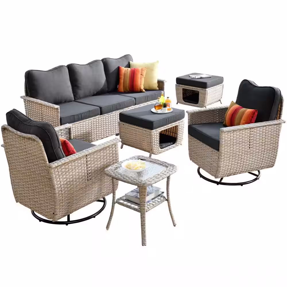 HOOOWOOO Echo Beige 6-Piece Wicker Multi-Function Patio Conversation Sofa Set with Swivel Rocking Chairs and Black Cushions