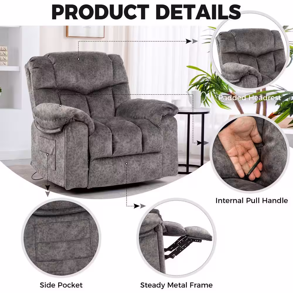 None Grey Swivel and Rocking Recliner Chair with Massage and Heating Bonded Leather Sofa