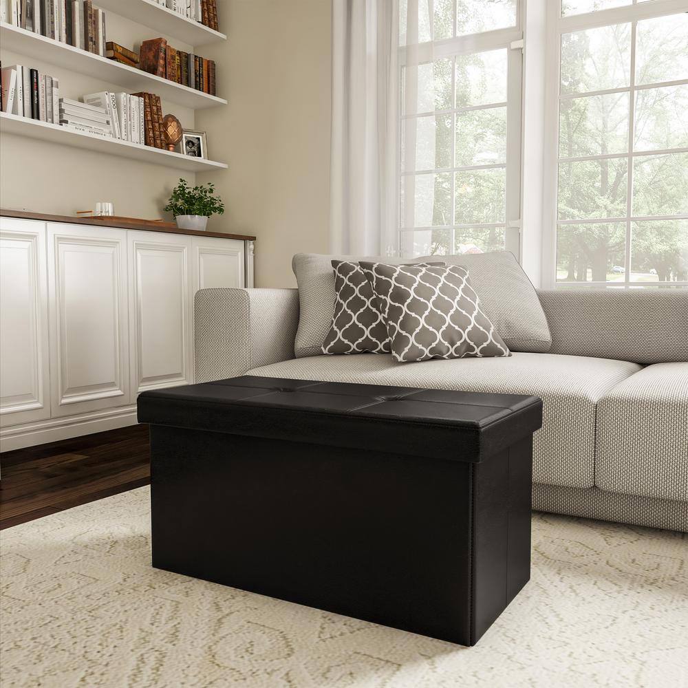 None Black Large Foldable Storage Bench Ottoman