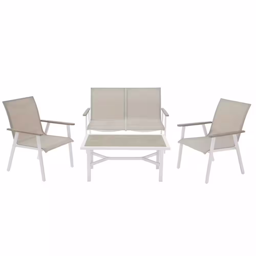 Hampton Bay Beach Haven Shell White 4-Piece Sling Outdoor Patio Conversation Seating Set