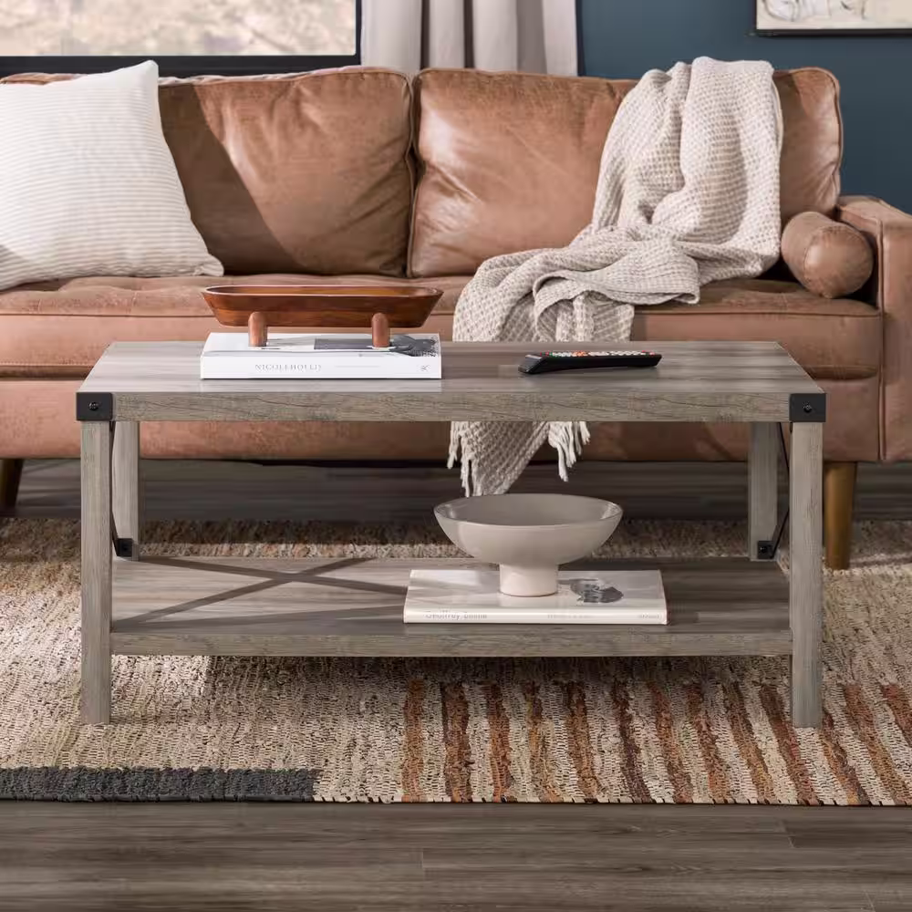 Walker Edison Furniture Company Urban Industrial 40 in. Grey Wash Medium Rectangle MDF Coffee Table with Shelf