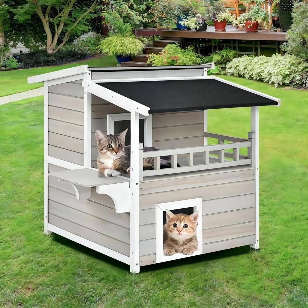 None 2-tier Wooden Patio Cat House with Balcony