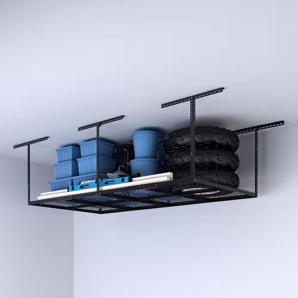 FLEXIMOUNTS Adjustable Height Overhead Ceiling Mount Garage Rack in Black (96 in. W x 48 in. D)