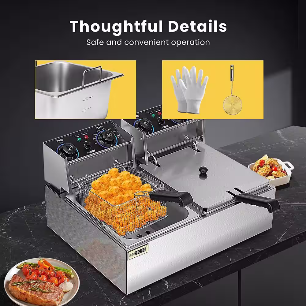 VIVOHOME 20.7 qt. Silver Electric Deep Fryer with 60-Min Timer and Temperature Control