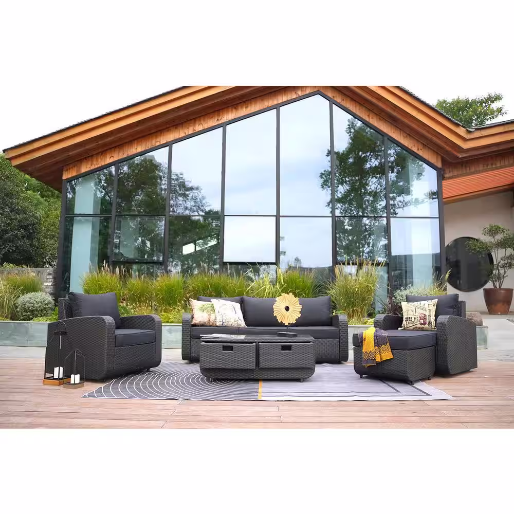 DIRECT WICKER Strathmere Black 5-Piece Wicker Patio Conversation Set with Black Cushions