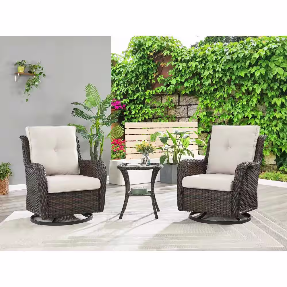 Gymojoy Carolina Brown Wicker Patio Conversation Deep Seating Set with Olefin Beige Cushions