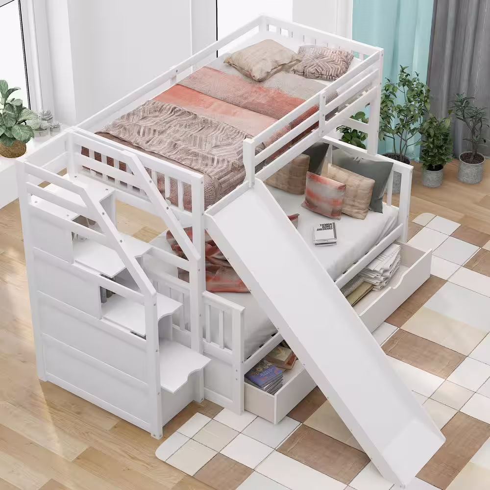 Harper & Bright Designs White Twin Over Full Bunk Bed with Drawers and Slide