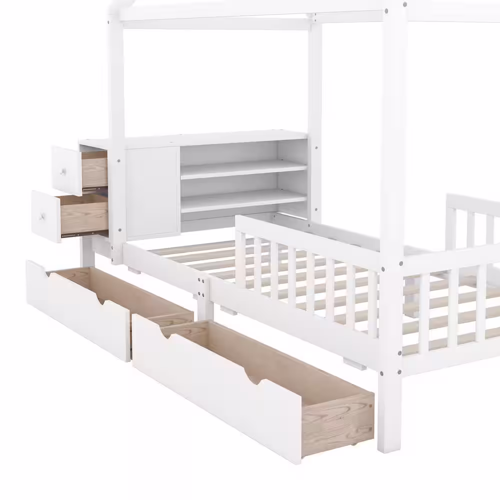 Harper & Bright Designs White Twin Size Wood House Bed with Fence, 4 Drawers, Shelves and Desk