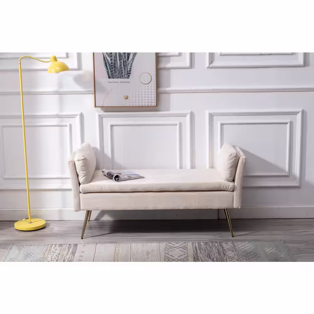 None Modern Beige Polyester Fabric Amhers Upholstered Bench with Pillows