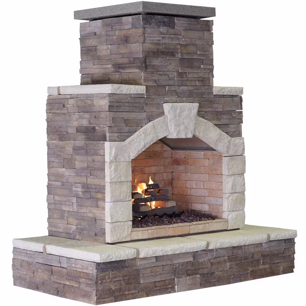 Cal Flame 78 in. Stone Veneer and Tile Propane Gas Outdoor Fireplace