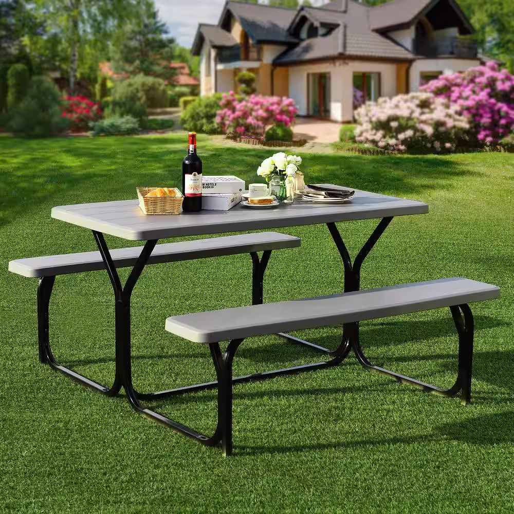 Costway Metal Bench Set Outdoor Buffet Picnic Table Camping Backyard