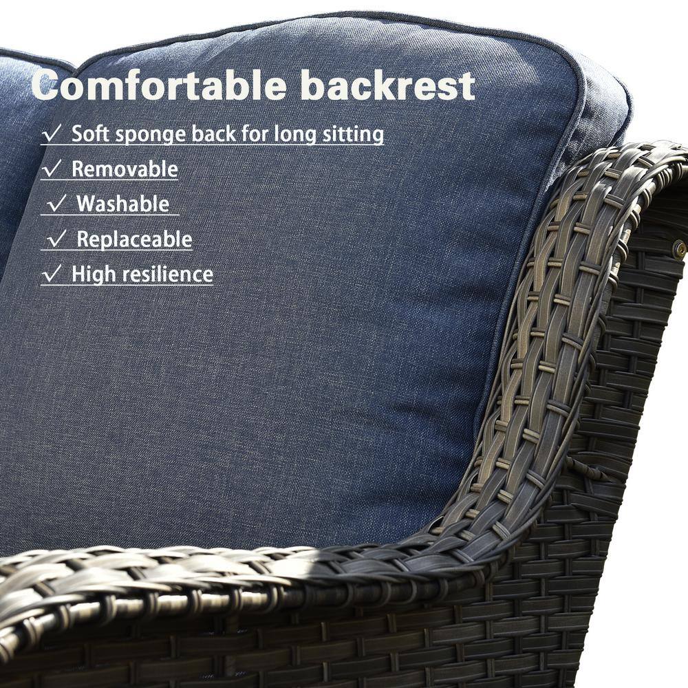 OVIOS Joyoung Gray 5-Piece Wicker Patio Conversation Seating Set with Denim Blue Cushions