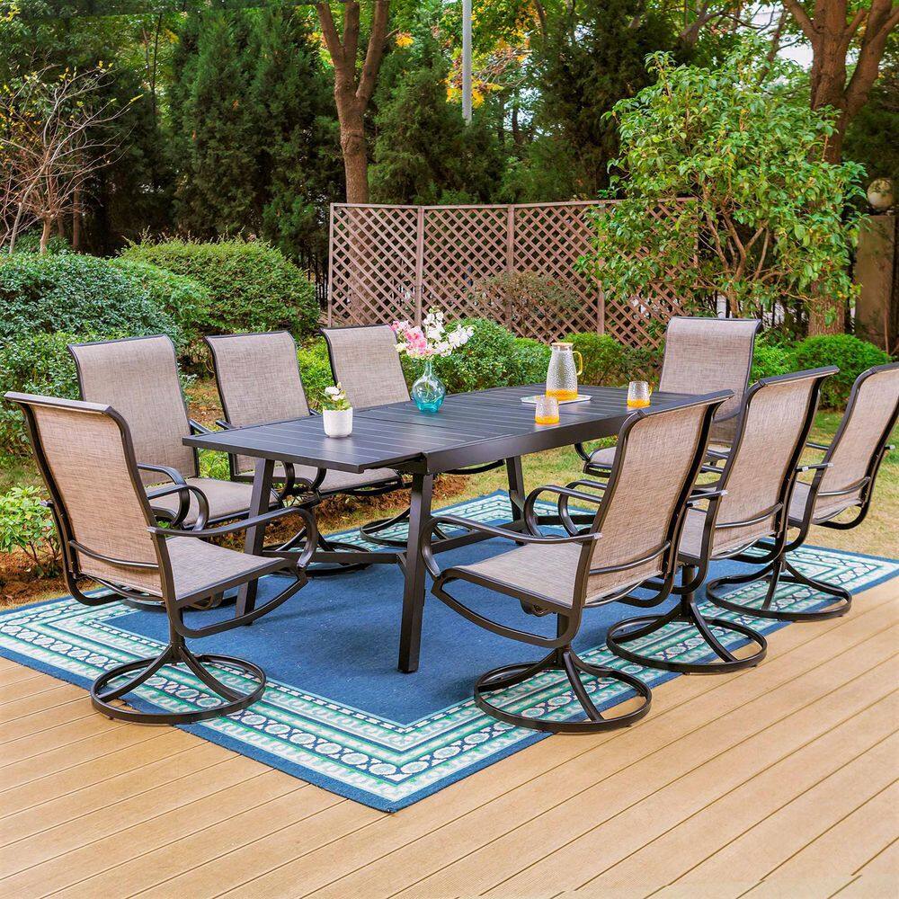 None Black 9-Piece Metal Patio Outdoor Dining Set with Slat Extendable Table and Textilene Swivel Chairs