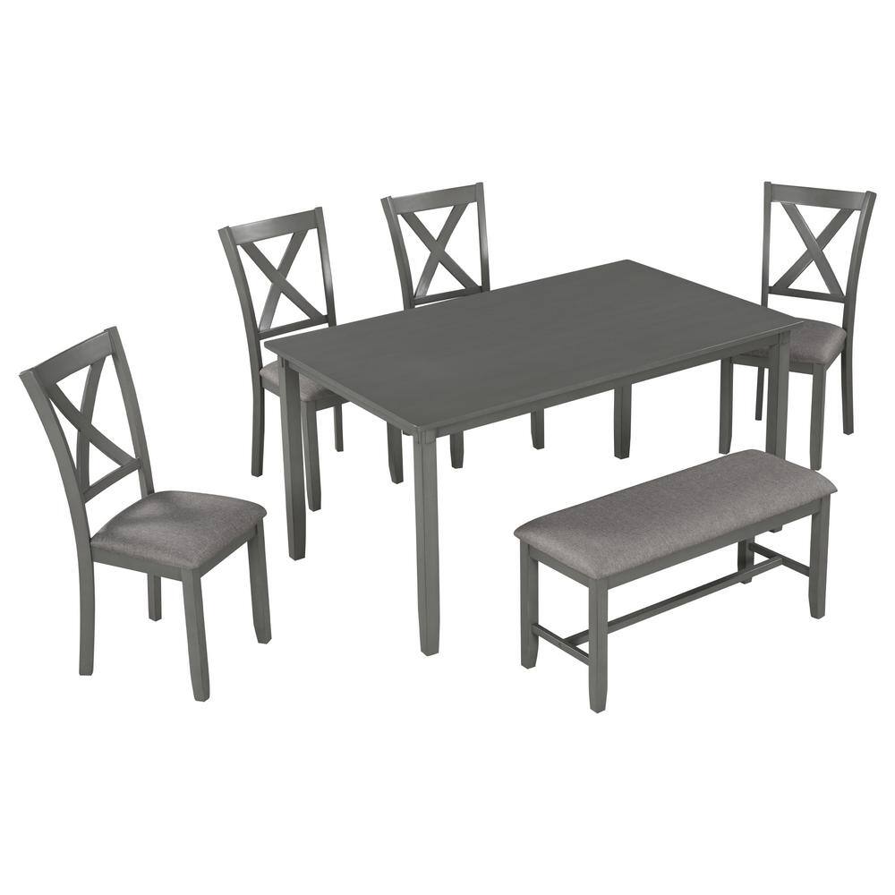 Harper & Bright Designs 6-Piece Wood Top Gray Dining Table Set with 4-Dining Chairs and 1-Bench