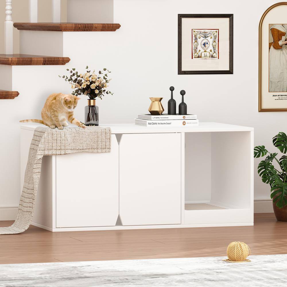 None Cat Litter Box Enclosure Cabinet, Modern Wood Large Stackable Cat Washroom Storage Cabinet, White Litter Box Furniture