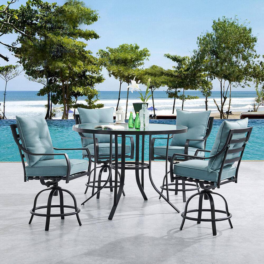 Hanover Lavallette 5-Piece Steel Round Outdoor Dining Set with Ocean Blue Cushions, 4 Swivel Chairs and a 52 in. Glass-Top Table