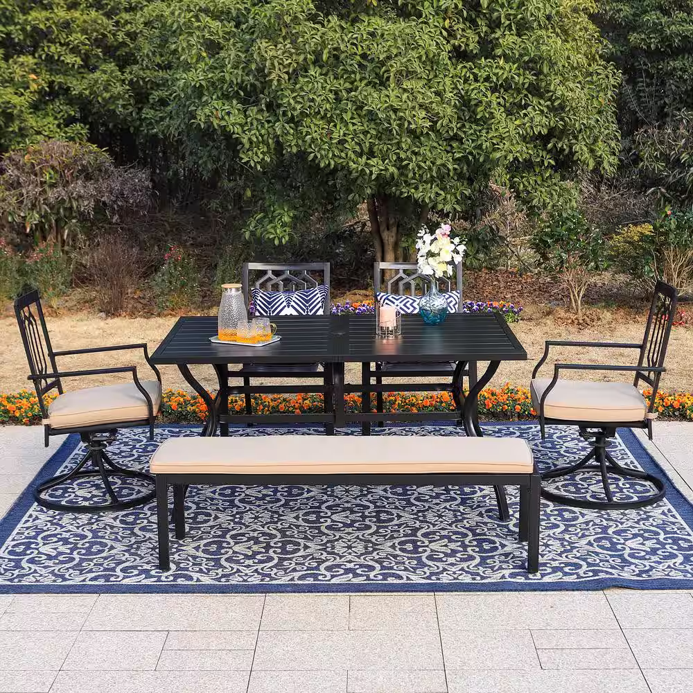None Black 6-Piece Metal Patio Outdoor Dining Set with Slat Rectangle Table and Fashion Chairs with Beige Cushion