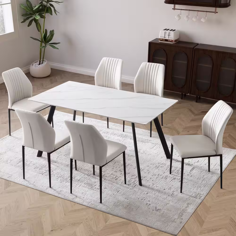 GOJANE 7-Piece White Slate Stone Dining Table Set with Rectangular Table and 6 Beige Dining Chairs