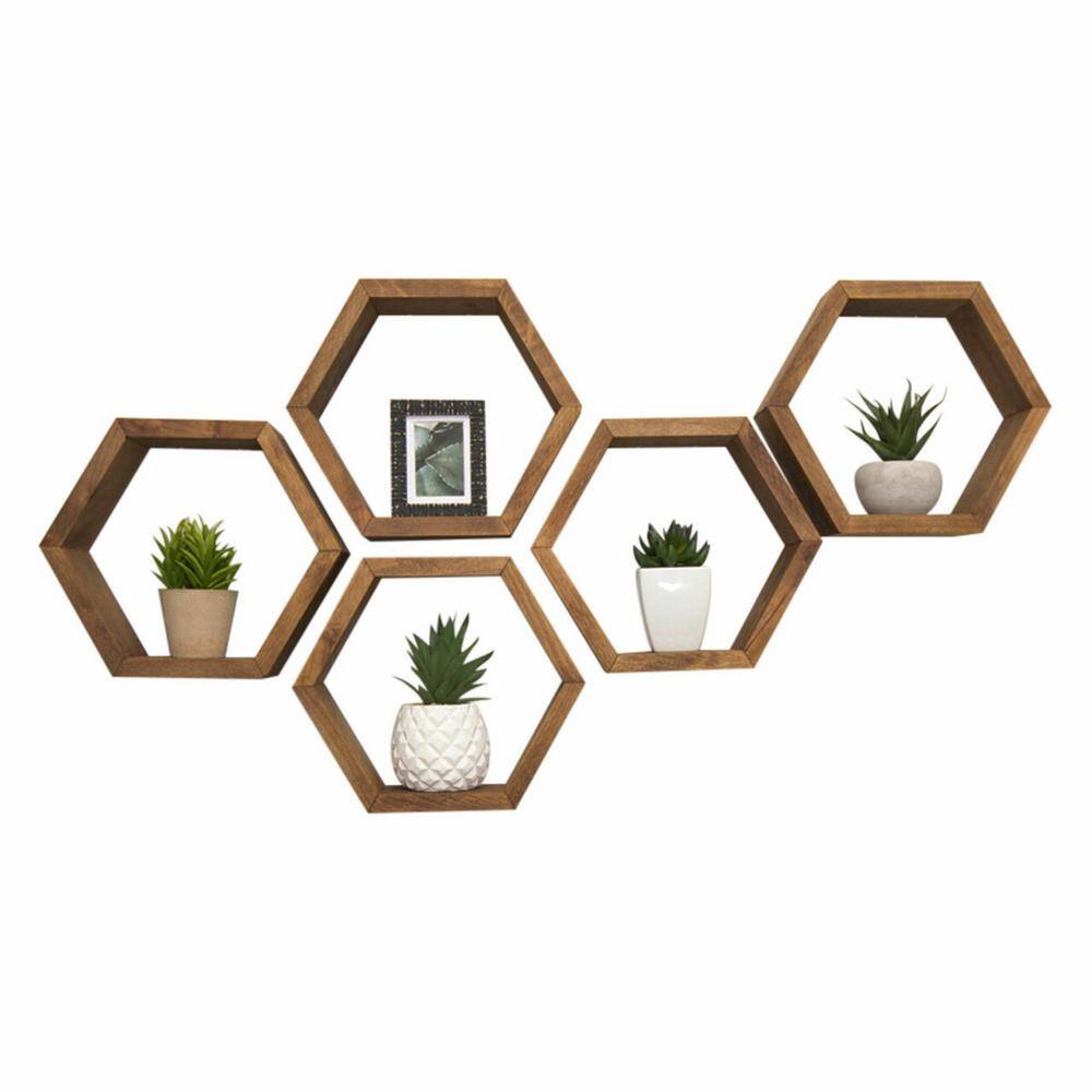 TRINITY Hexagon 4 in. x 11.75 in. x 10.13 in. Walnut Floating Wall Shelves 5-Pack