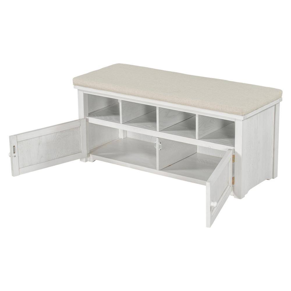 JASIWAY 18.9 in. H x 42 in. W White Wood Shoe Storage Bench Entryway Storage Bench with Linen Upholstered Top Cushion