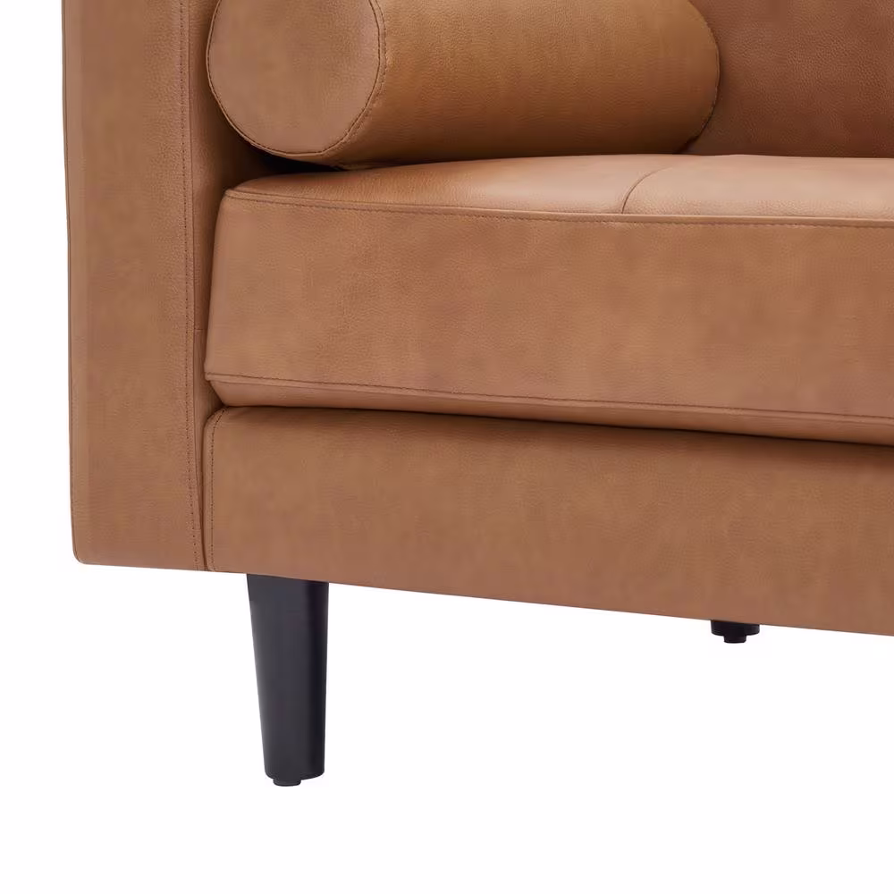 None Tan Top Grain Genuine Mid-Century Leather Loveseat, Sectional Mini Sofa, Small Sofa Bed