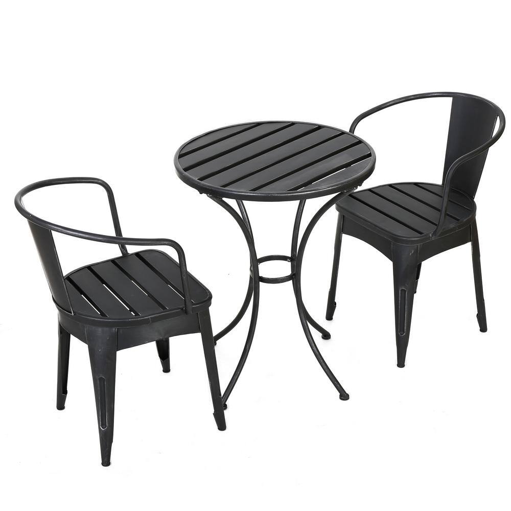 Noble House Colmar Black with Silver 3-Piece Metal Round Outdoor Bistro Set