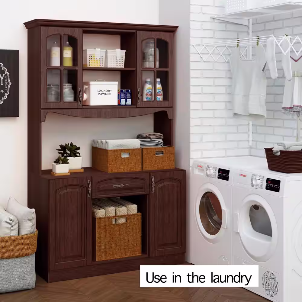 None Galiano 73 in. Espresso Pantry Buffet with Hutch with Wine Rack and Drawer