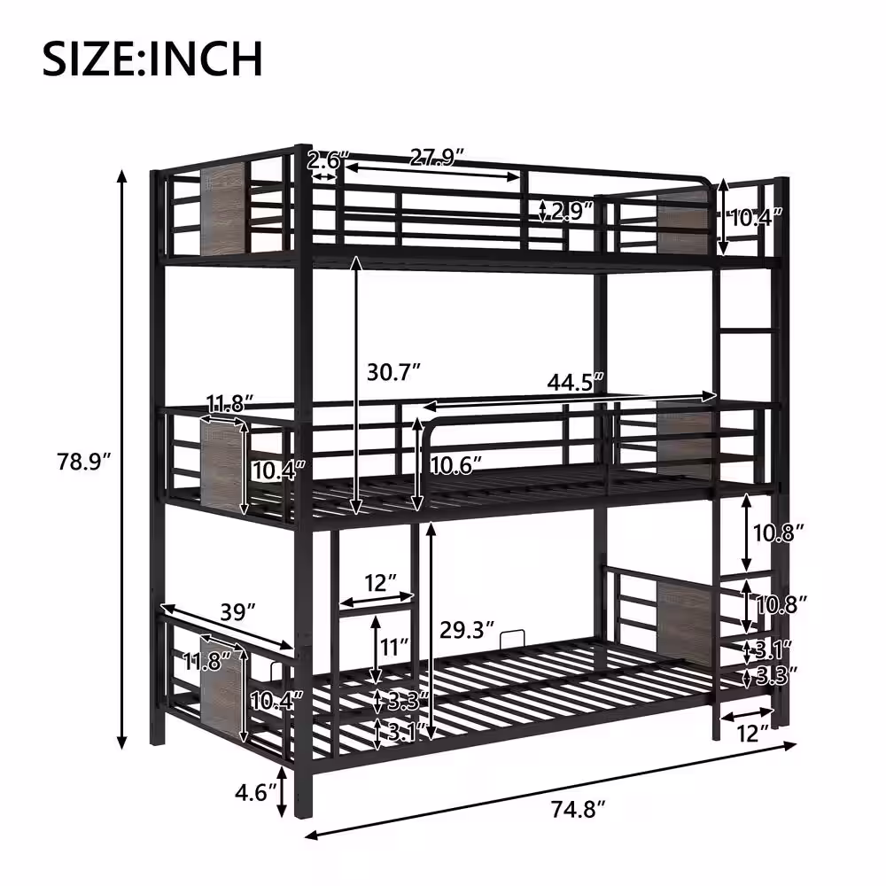 Harper & Bright Designs Gray Twin Size Metal Triple Bunk Bed with Wood Decoration