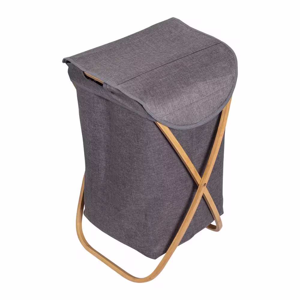 Honey-Can-Do Gray and Bamboo Collapsible Canvas Hamper with Handles