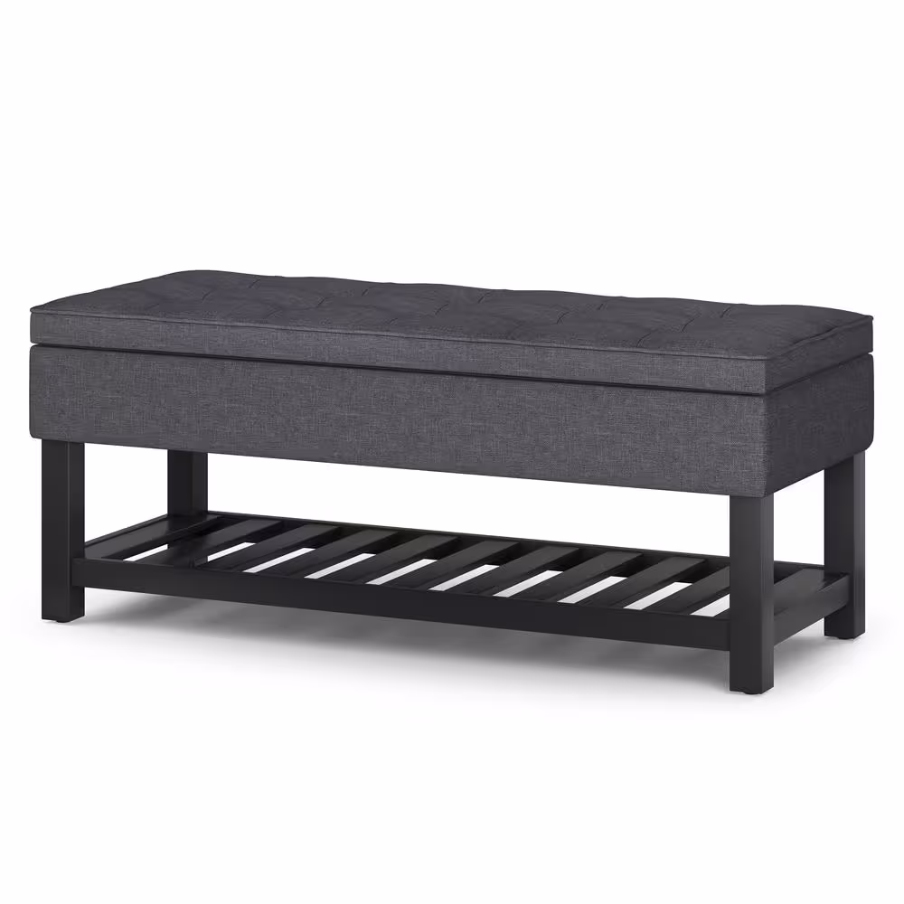Simpli Home Cosmopolitan 44 in. Wide Transitional Rectangle Storage Ottoman Bench with Open Bottom in Slate Grey Linen Look Fabric