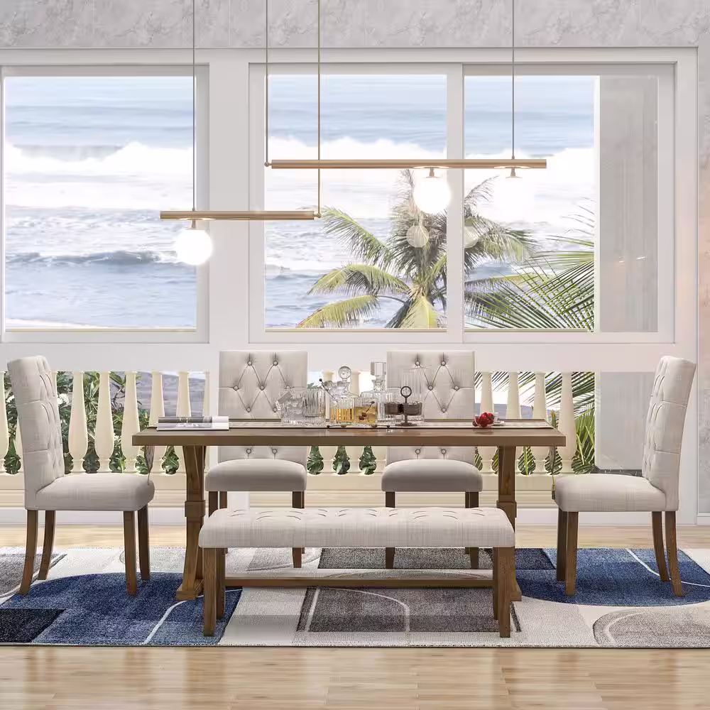 Nestfair Walnut 6-Piece Farmhouse Dining Table with 4 Upholstered Chairs with Bench