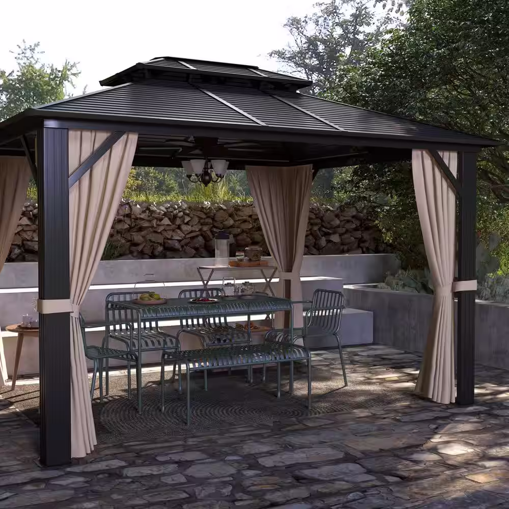 Sizzim Sizzim 10 ft. x 12 ft. Outdoor Dual-Layer Galvanized Steel Gazebo with Netting and Curtains for Garden, Patio, Lawns