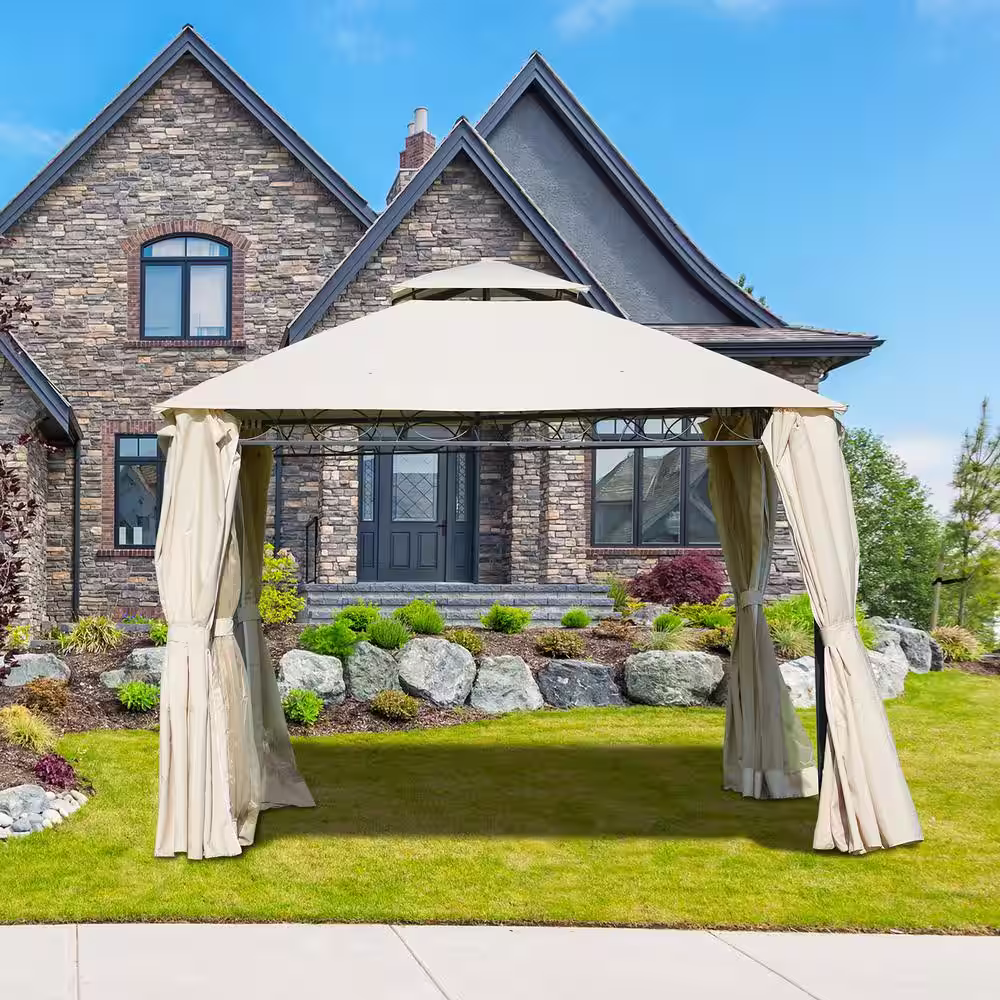 Tunearary Outdoor 11 ft. x 11 ft. Beige High Quality Double Top Polyester Fabric Gazebo Tent Can Be Used as BBQ